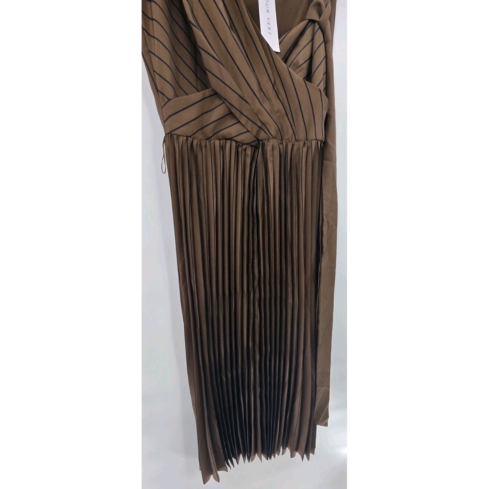 AMOUR VERT CAMBRIA DRESS WOMENS SMALL BRONZE OLIVE PINSTRIPE PLEATED MIDI NEW!! - Picture 5 of 15